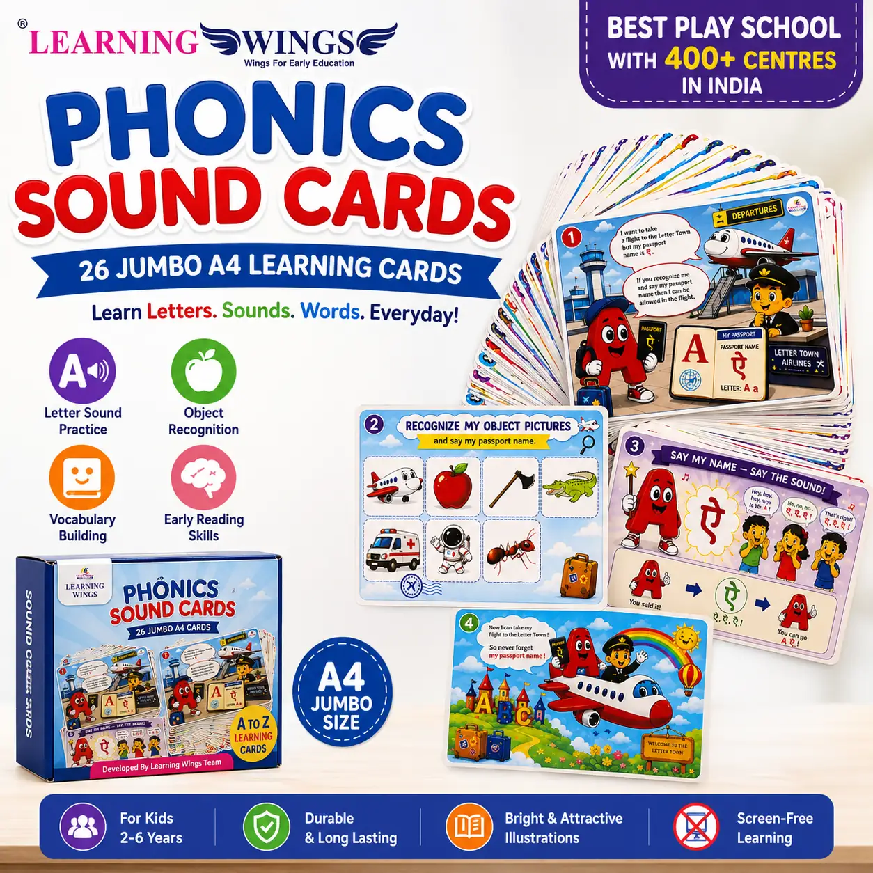 Learning Wings Jumbo Phonics Sound Cards (A4 Size) | 26 Alphabet Sound Activity Cards for Kids | Preschool Learning Flash Cards | Age 2-6 Years